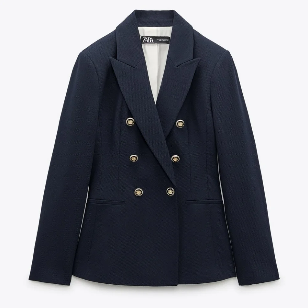 ZARA * DOUBLE BREASTED BLAZER NAVY PIQUE BLAZER - Picture 11 of 13